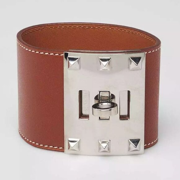 Hermes Gold Swift Leather Palladium Plated Wide Kelly Dog Bracelet Size L - Picture 1 of 7